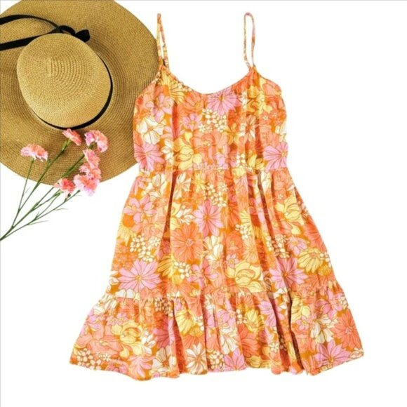 Billabong Women's Sundress Size XL Mini Dress Tiered Orange Vacation Boho Flowy - Picture 15 of 15